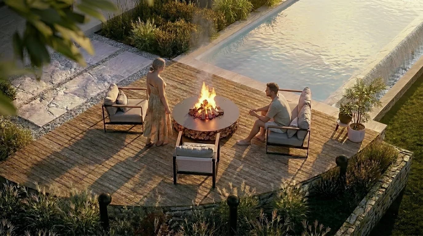 Fin de journée — terrasse et foyer