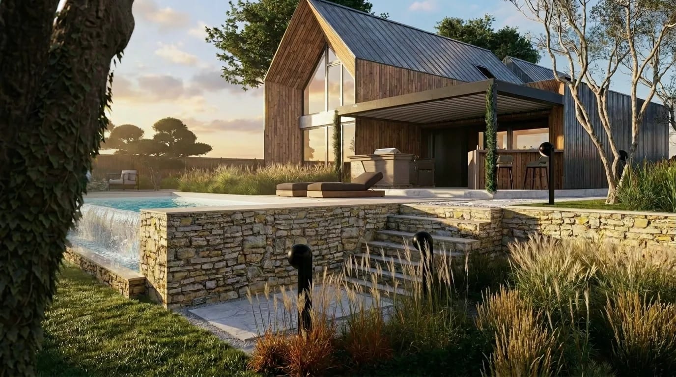 Pool house et bassin à débordement sur mur en pierre sèche, graminées, lumière de fin de journée